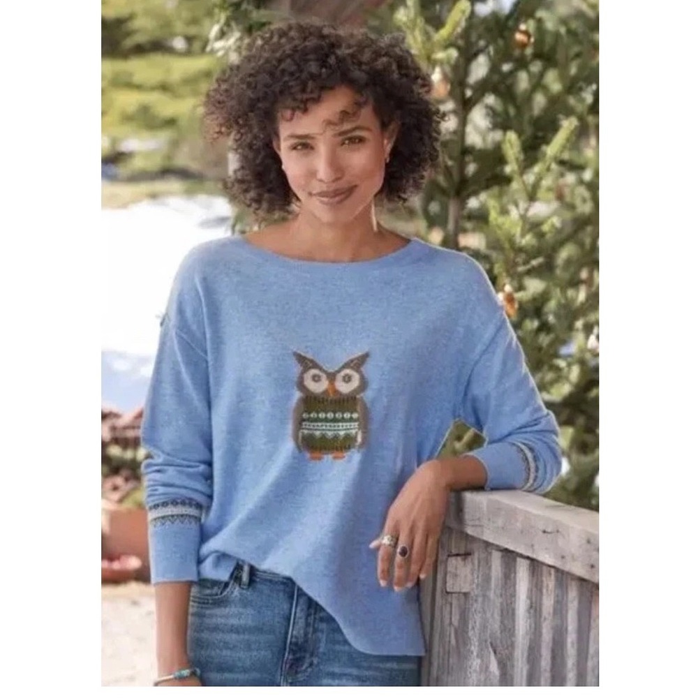 Sundance Owl Wool Blend Sweater Blue Size M? Whimsical Boho Artsy Intarsia